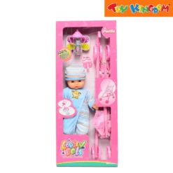 Puella Lovely Doll Wearing Blue Beanie And Onesies With Stroller And Accessories